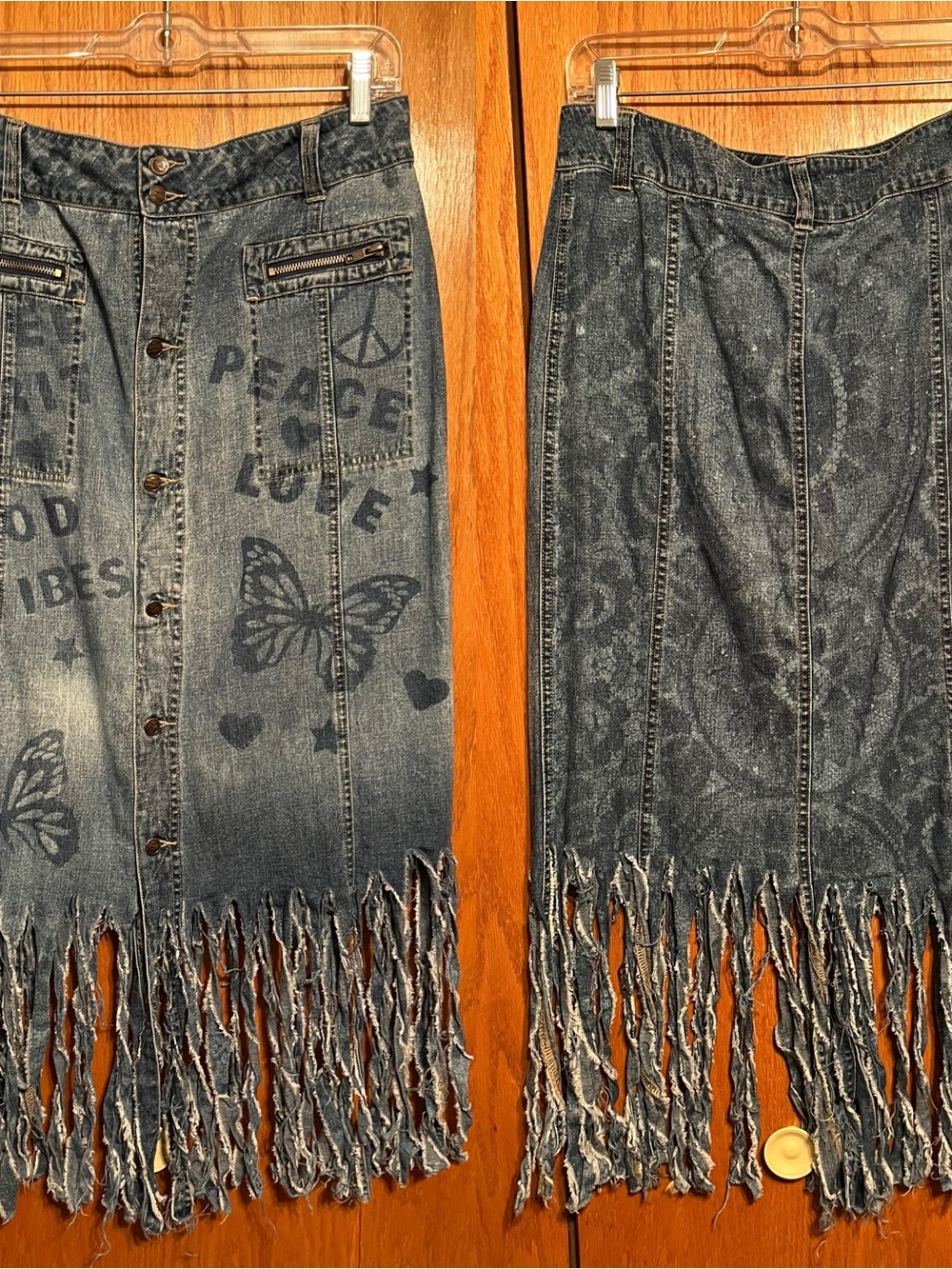 Passport Distressed Fringe Denim Midi Skirt in Blue